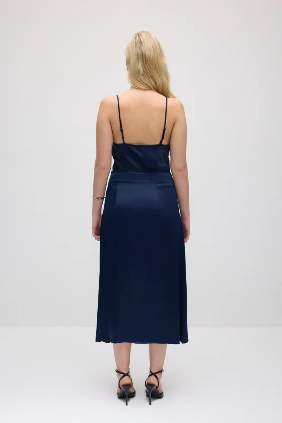 Lace-Trimmed Long Satin Skirt - Navy Blue - 7