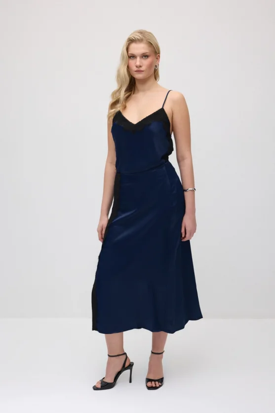 Lace-Trimmed Long Satin Skirt - Navy Blue - Gusto