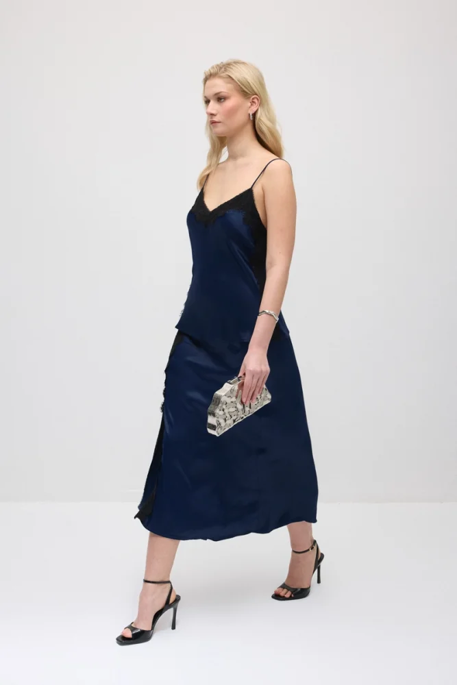 Lace-Trimmed Long Satin Skirt - Navy Blue Navy Blue