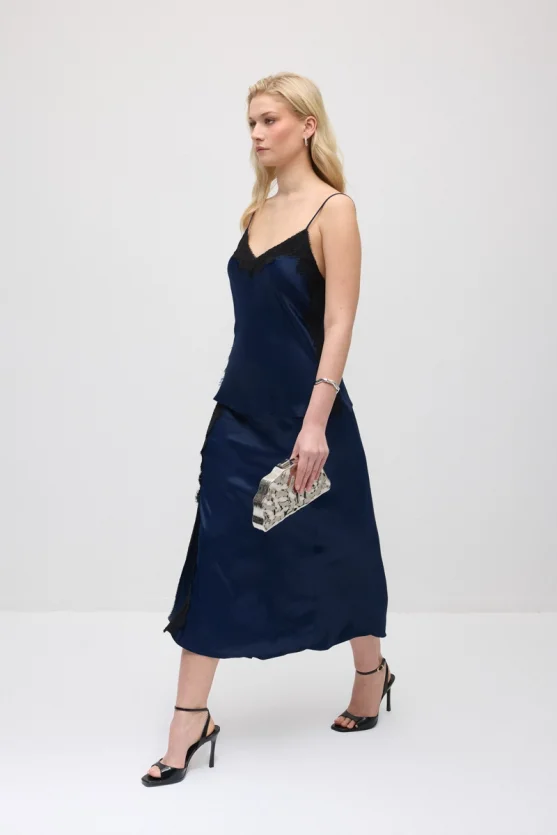 Lace-Trimmed Long Satin Skirt - Navy Blue - 1