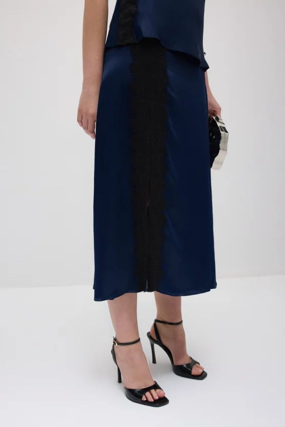 Lace-Trimmed Long Satin Skirt - Navy Blue - Gusto