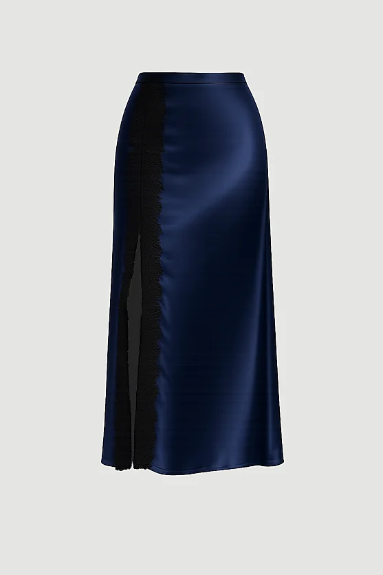 Lace-Trimmed Long Satin Skirt - Navy Blue - 7