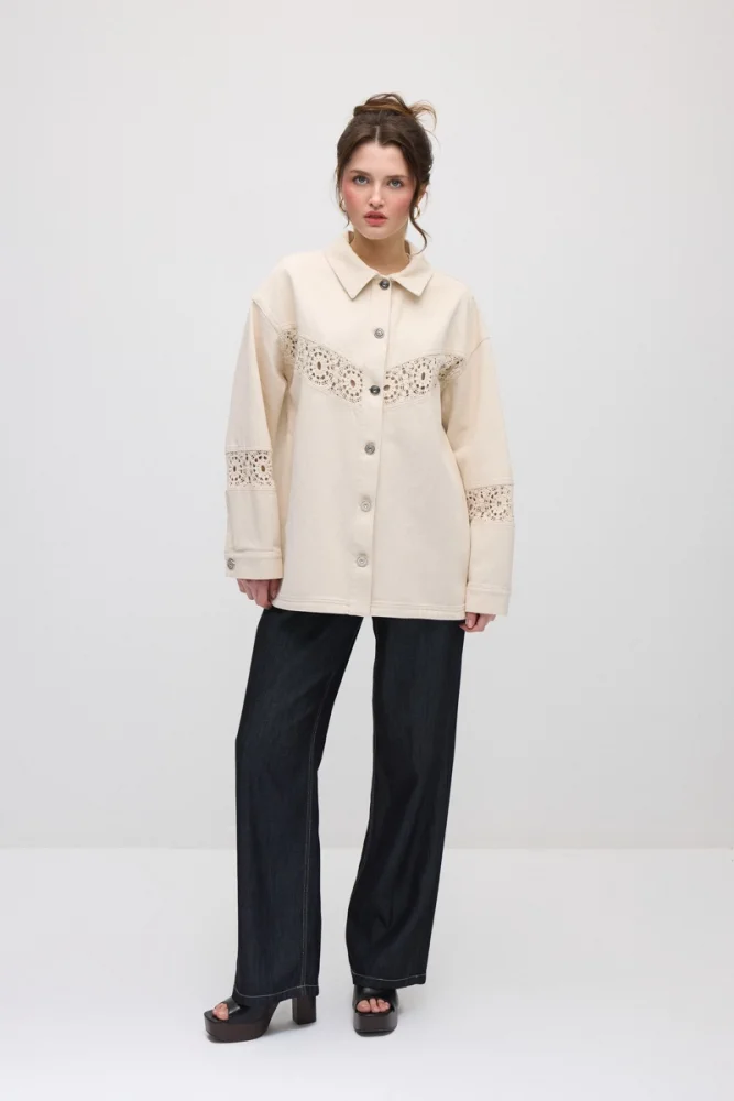 Lace-Trimmed Relaxed Fit Canvas Jacket - Beige Beige