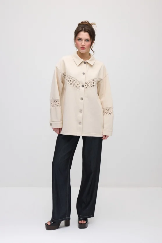 Lace-Trimmed Relaxed Fit Canvas Jacket - Beige - 1