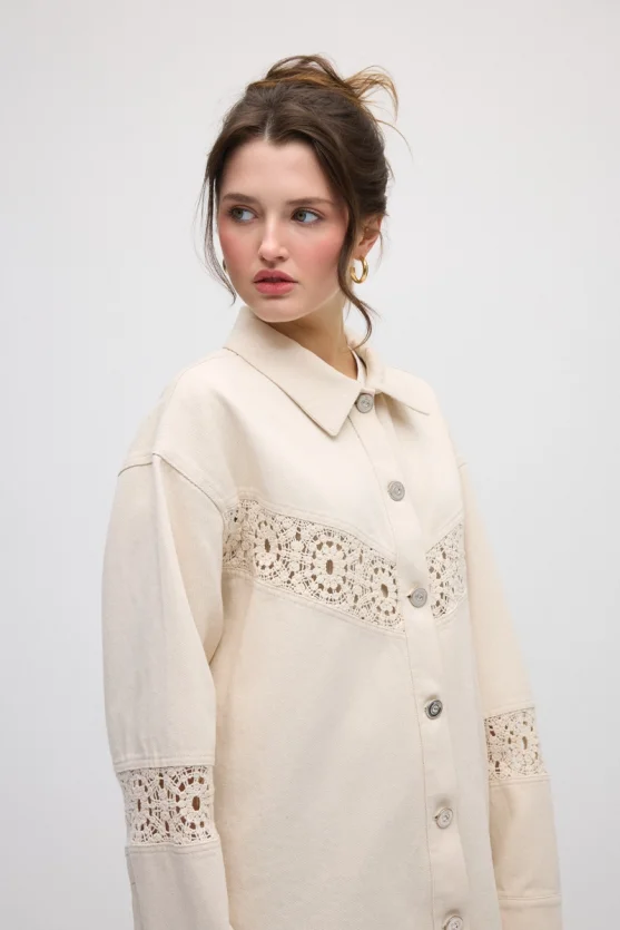 Lace-Trimmed Relaxed Fit Canvas Jacket - Beige - 6