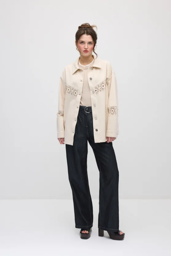 Lace-Trimmed Relaxed Fit Canvas Jacket - Beige - 2
