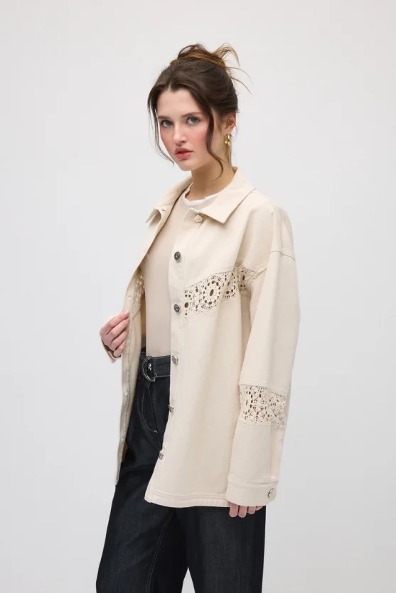Lace-Trimmed Relaxed Fit Canvas Jacket - Beige - 4