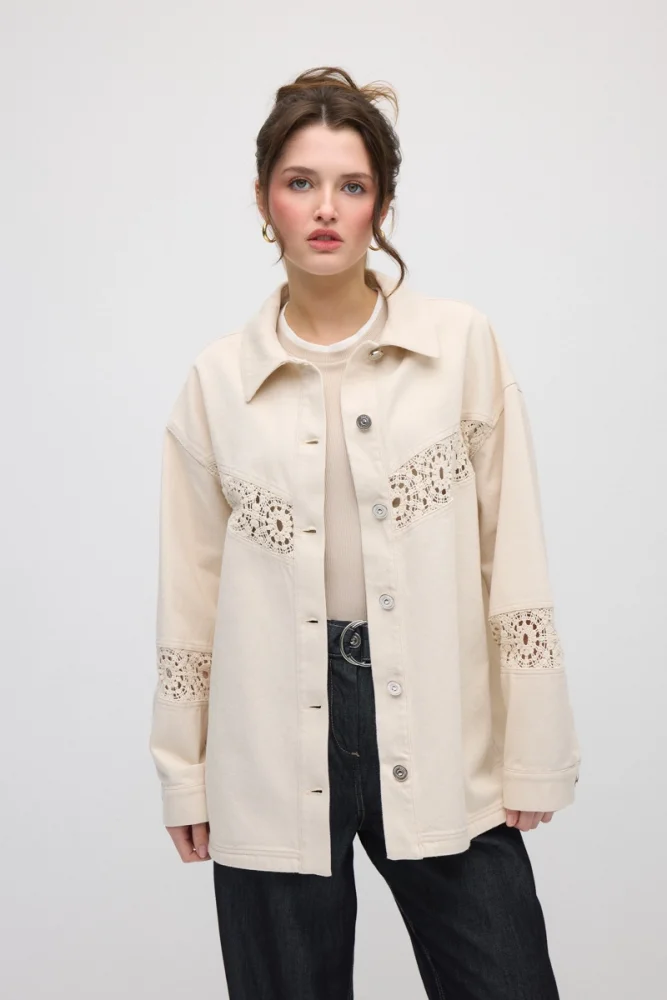 Lace-Trimmed Relaxed Fit Canvas Jacket - Beige Beige