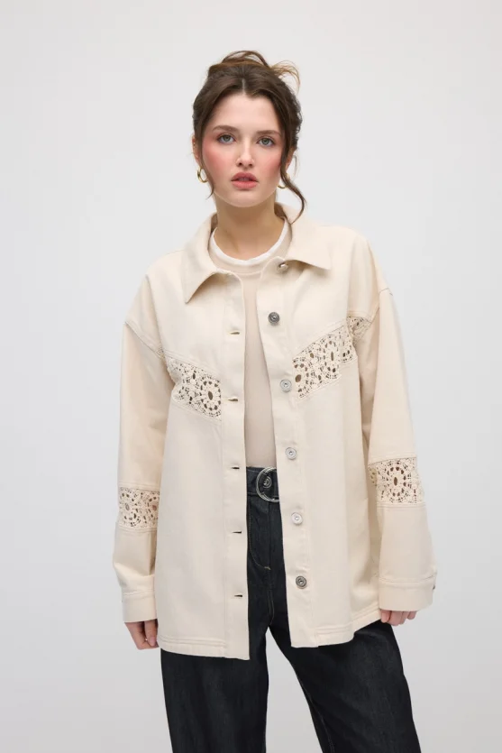 Lace-Trimmed Relaxed Fit Canvas Jacket - Beige - Gusto