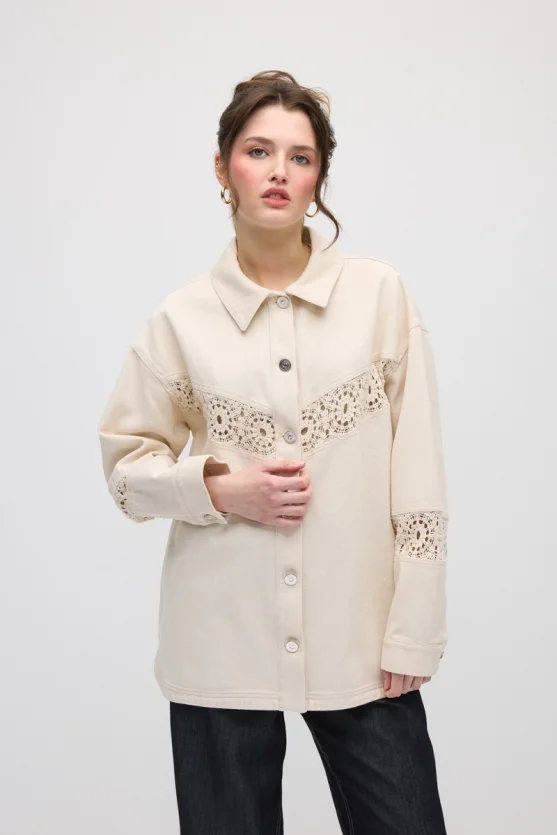 Lace-Trimmed Relaxed Fit Canvas Jacket - Beige - Gusto