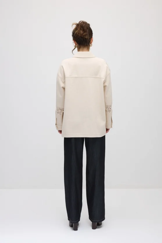 Lace-Trimmed Relaxed Fit Canvas Jacket - Beige - 7