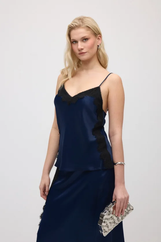 Lace-Trimmed Satin Tank - Navy Blue - 2