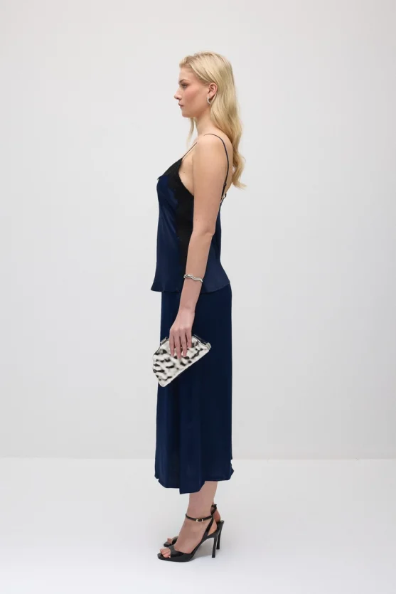 Lace-Trimmed Satin Tank - Navy Blue - Gusto