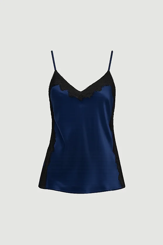 Lace-Trimmed Satin Tank - Navy Blue - Gusto