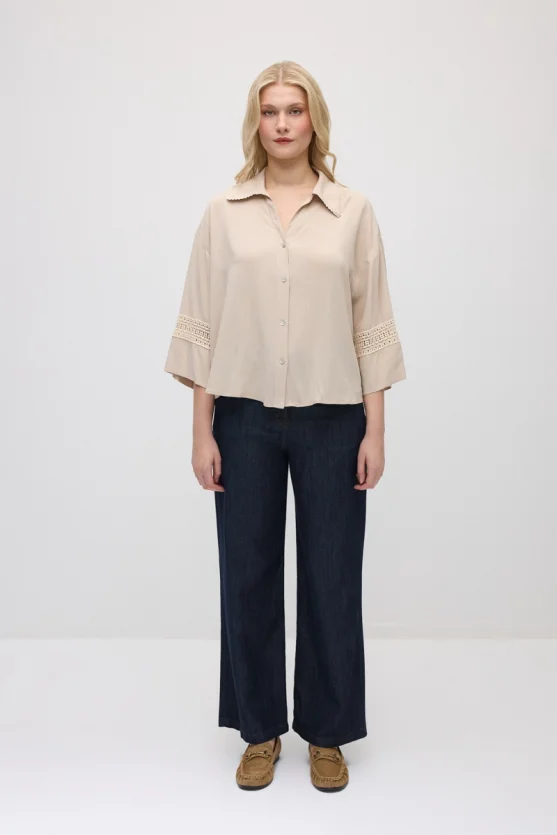 Lace-Trimmed Viscose Shirt - Beige - 2