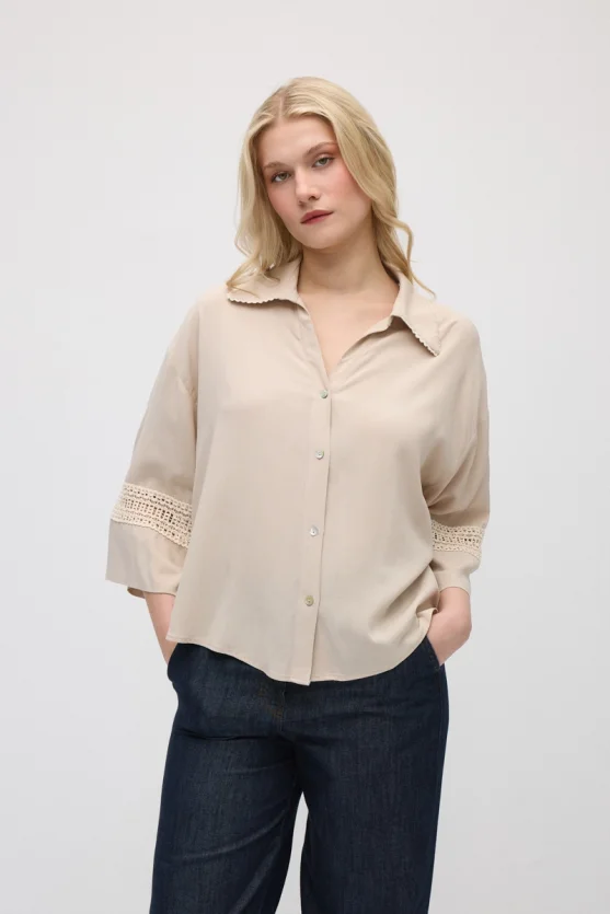 Lace-Trimmed Viscose Shirt - Beige - 1