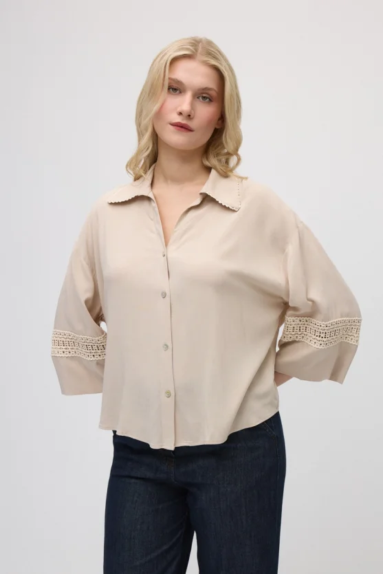 Lace-Trimmed Viscose Shirt - Beige - Gusto