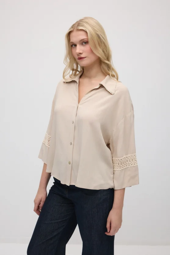 Lace-Trimmed Viscose Shirt - Beige - 4