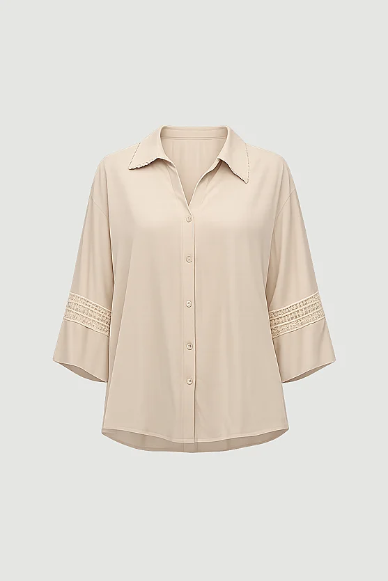 Lace-Trimmed Viscose Shirt - Beige - Gusto