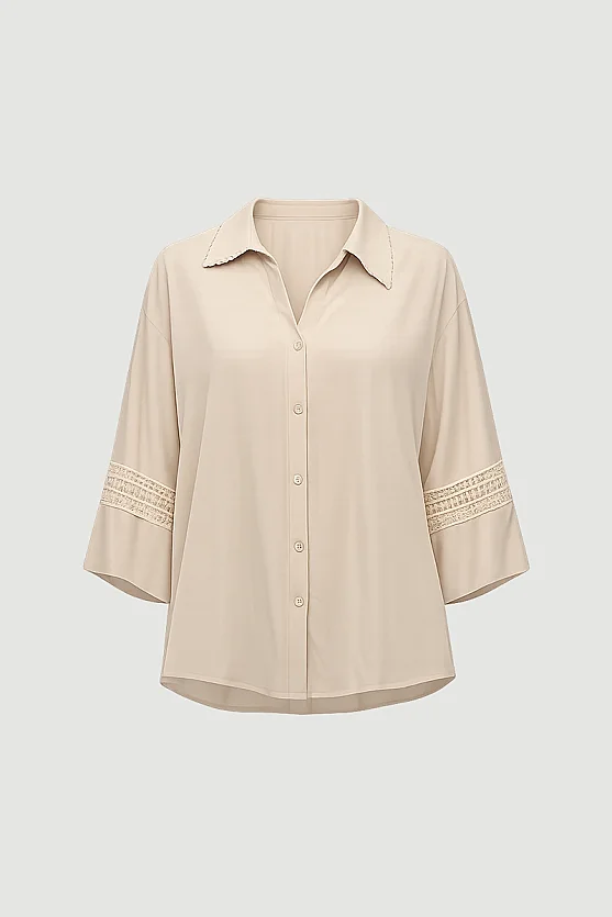 Lace-Trimmed Viscose Shirt - Beige - 7