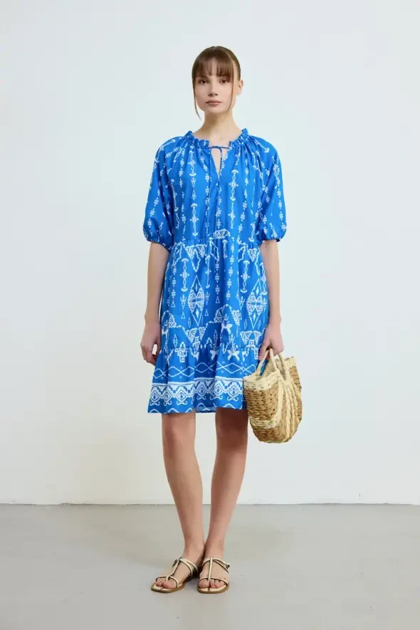 Lace-Up Front Patterned Cotton Dress - Blue - Gusto