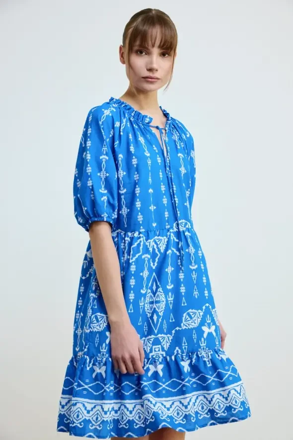 Lace-Up Front Patterned Cotton Dress - Blue - Gusto