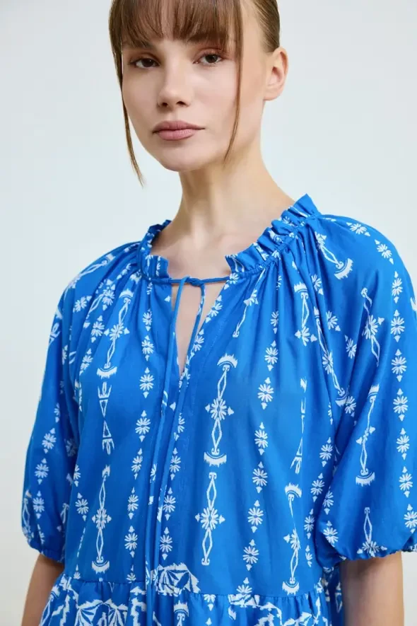 Lace-Up Front Patterned Cotton Dress - Blue - Gusto