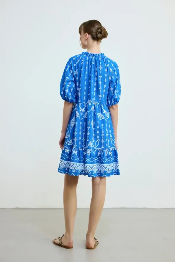 Lace-Up Front Patterned Cotton Dress - Blue - Gusto
