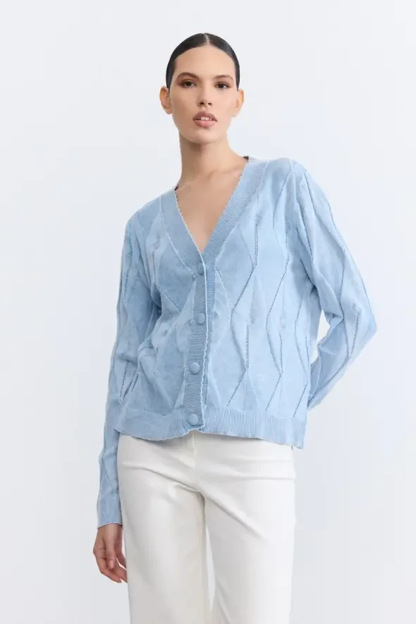 Lacy Cotton Knit Cardigan - Blue - 1