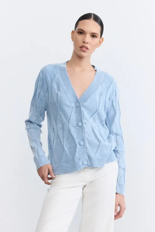Lacy Cotton Knit Cardigan - Blue - 3