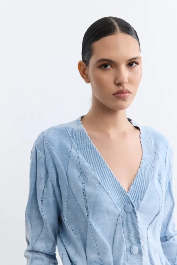 Lacy Cotton Knit Cardigan - Blue - 4
