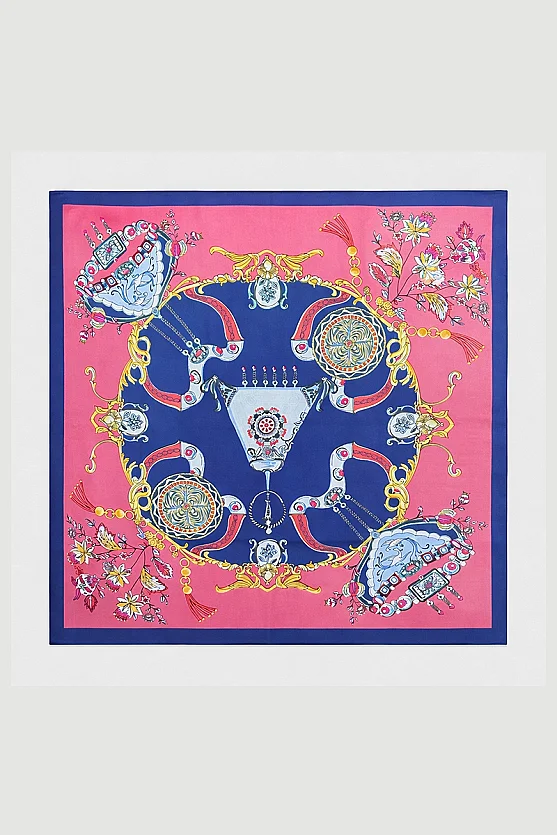 Large Scarf with Chain and Belt Motif - Navy Blue - 2