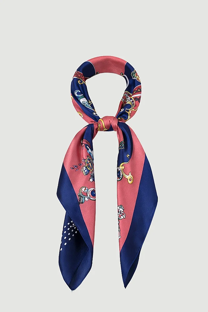 Large Scarf with Chain and Belt Motif - Navy Blue Navy Blue