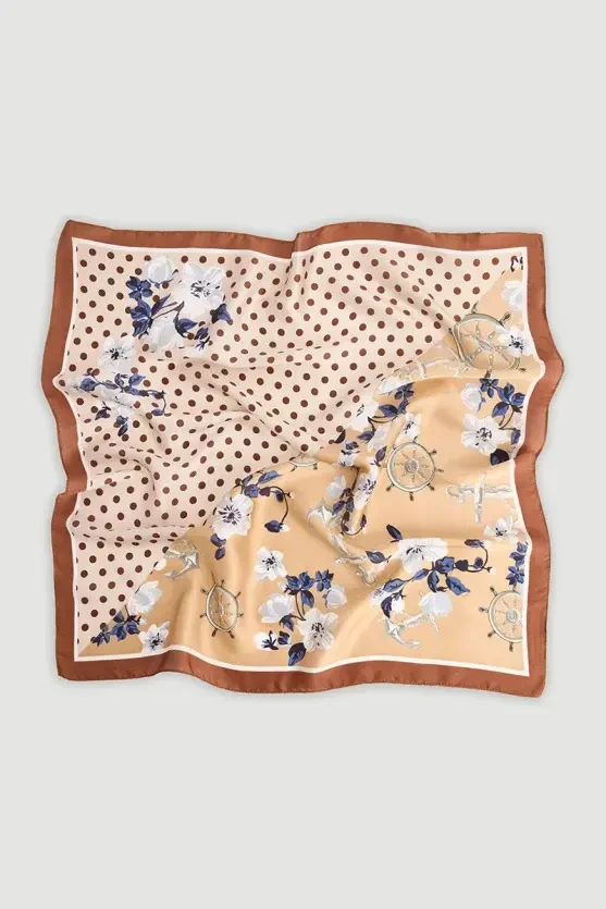 Large Scarf with Polka Dot and Floral Print - Beige - Gusto