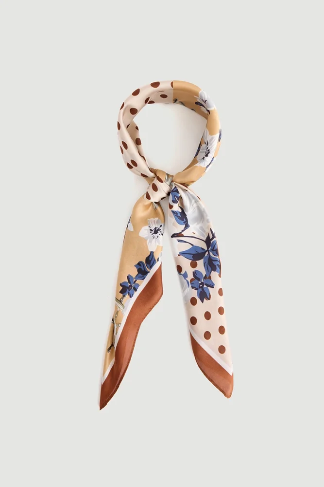 Large Scarf with Polka Dot and Floral Print Beige Beige