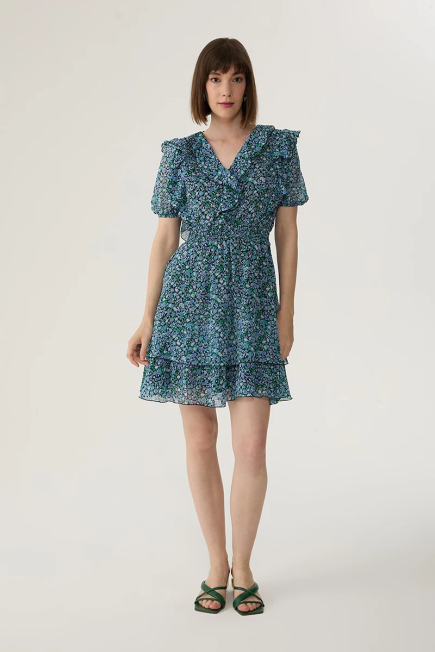 Layered Chiffon Dress with Floral Pattern - Blue Blue