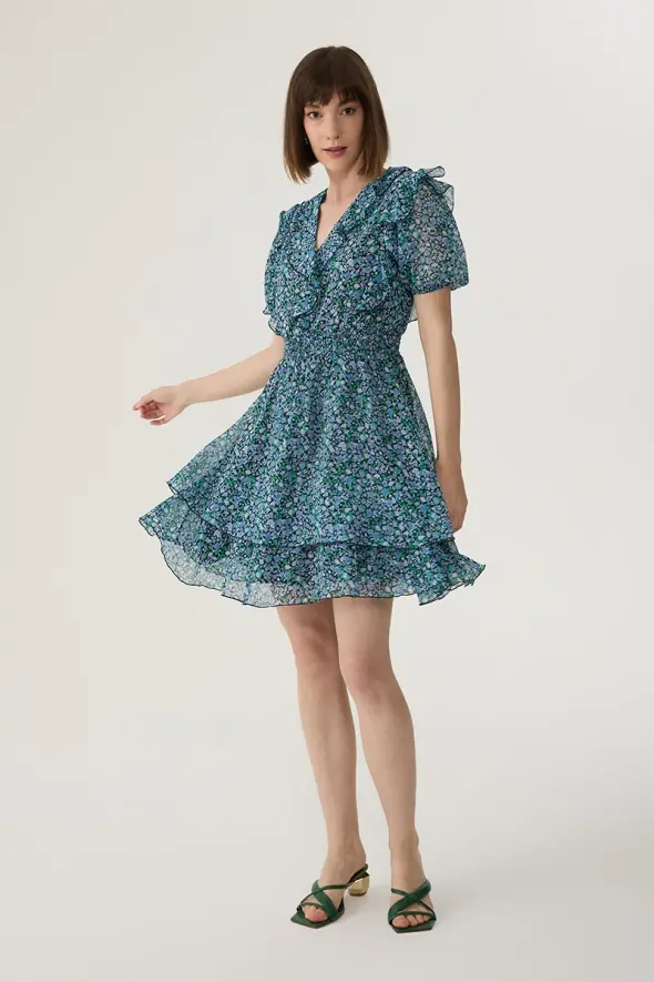 Layered Chiffon Dress with Floral Pattern - Blue - 2