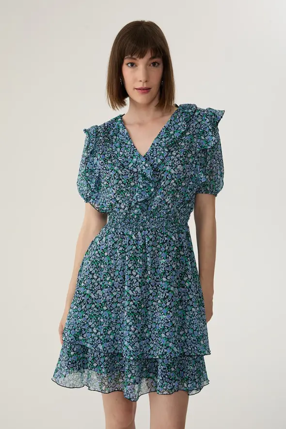 Layered Chiffon Dress with Floral Pattern - Blue - 3