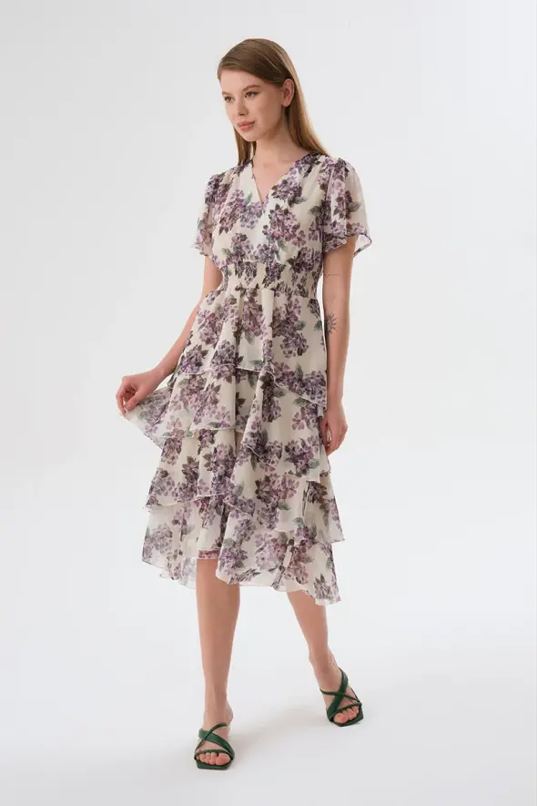 Layered Floral Chiffon Dress - Ecru - 2