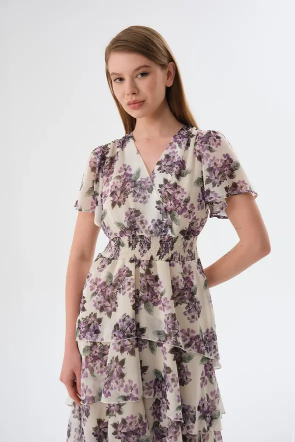 Layered Floral Chiffon Dress - Ecru - 3