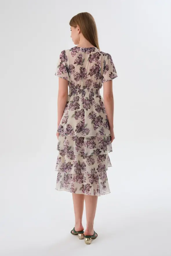 Layered Floral Chiffon Dress - Ecru - 5