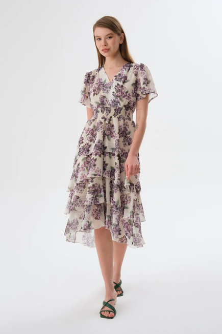 Layered Floral Chiffon Dress - Ecru Ecru