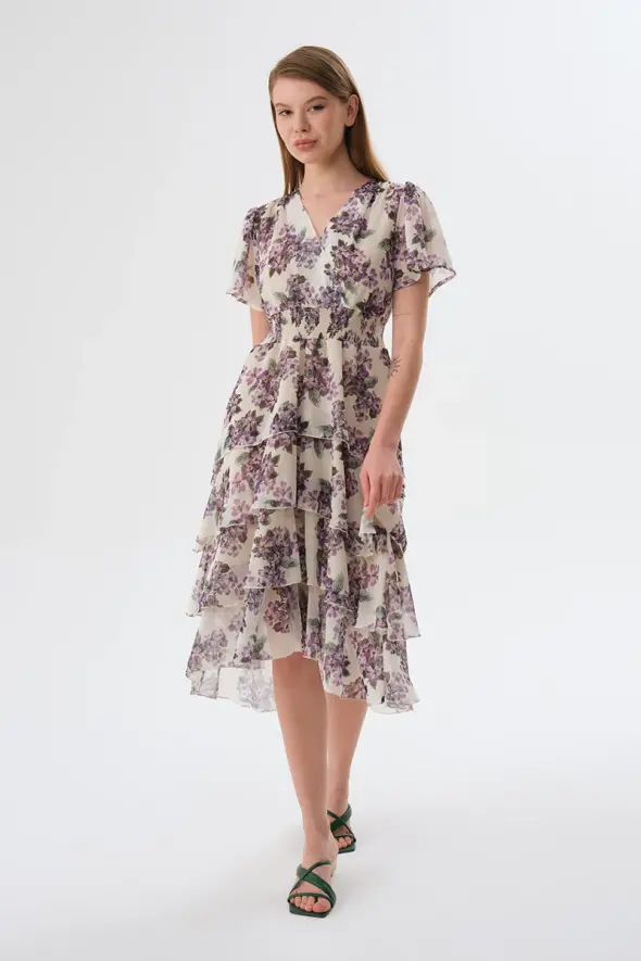Layered Floral Chiffon Dress - Ecru - 1