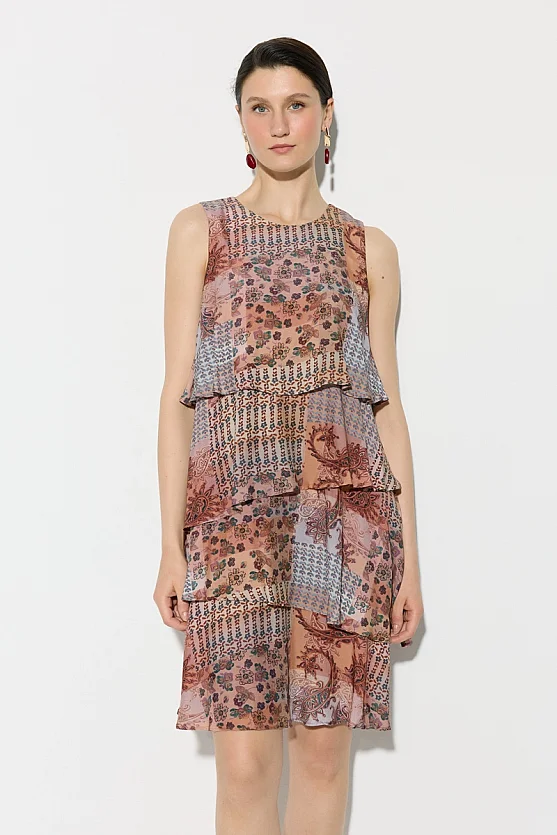 Layered Paisley Pattern Silky Dress - Pink - 4