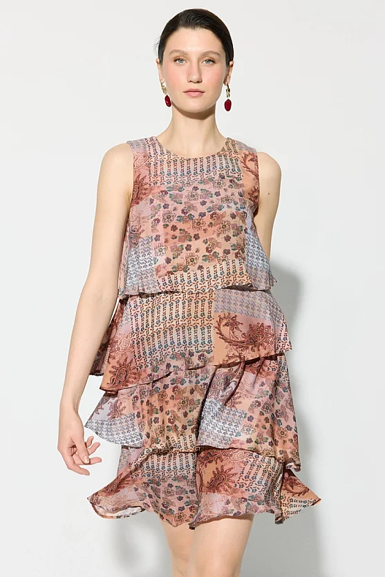 Layered Paisley Pattern Silky Dress - Pink - 1
