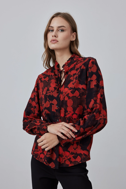 Leaf Patterned Blouse with Ruffle Collar - Red Red