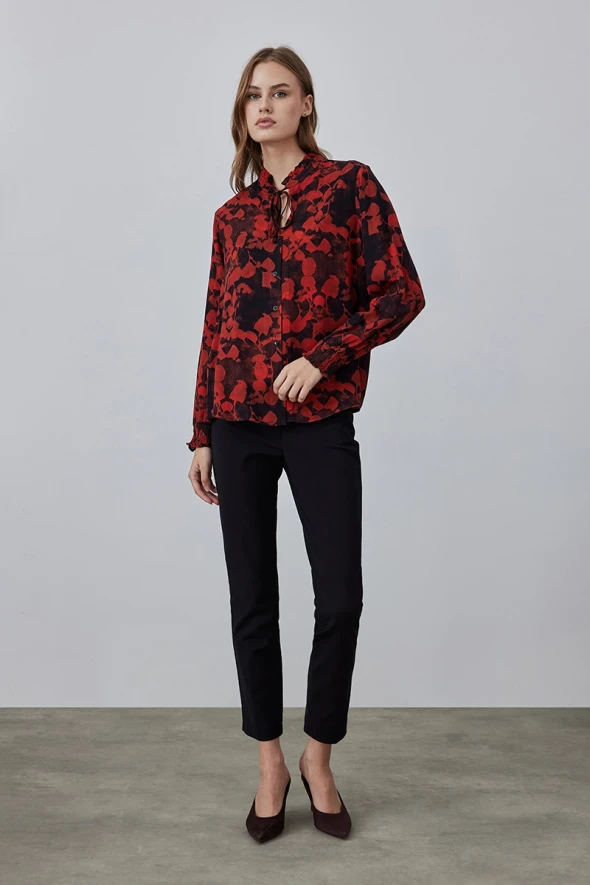 Leaf Patterned Blouse with Ruffle Collar - Red - 2