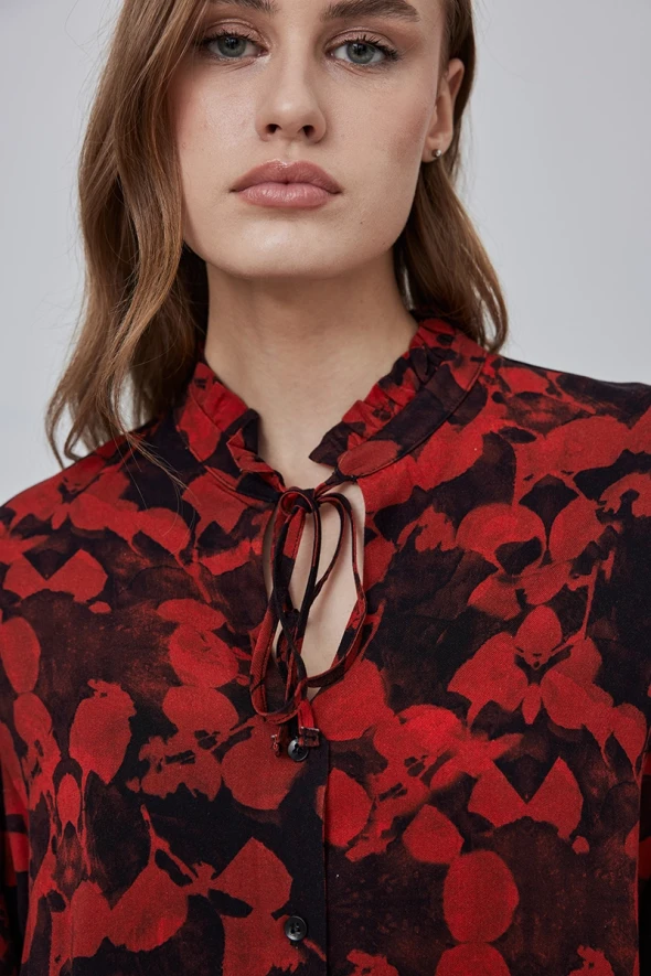 Leaf Patterned Blouse with Ruffle Collar - Red - 3