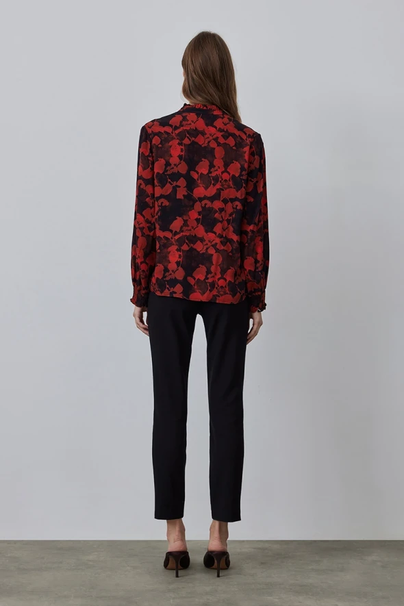 Leaf Patterned Blouse with Ruffle Collar - Red - 4