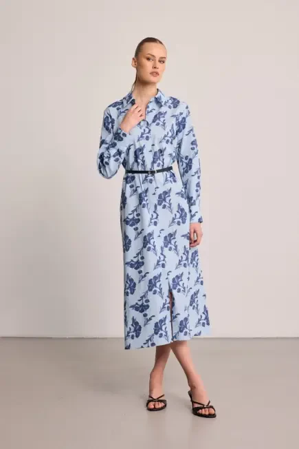 Leaf Patterned Long Cotton Shirt Dress - Blue Blue